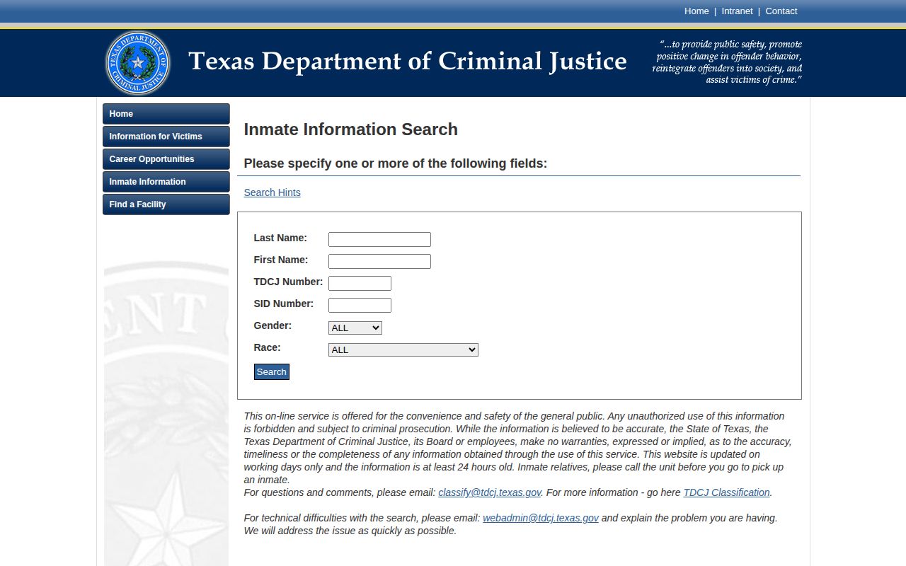Culberson County release search using the TDCJ inmate information form
